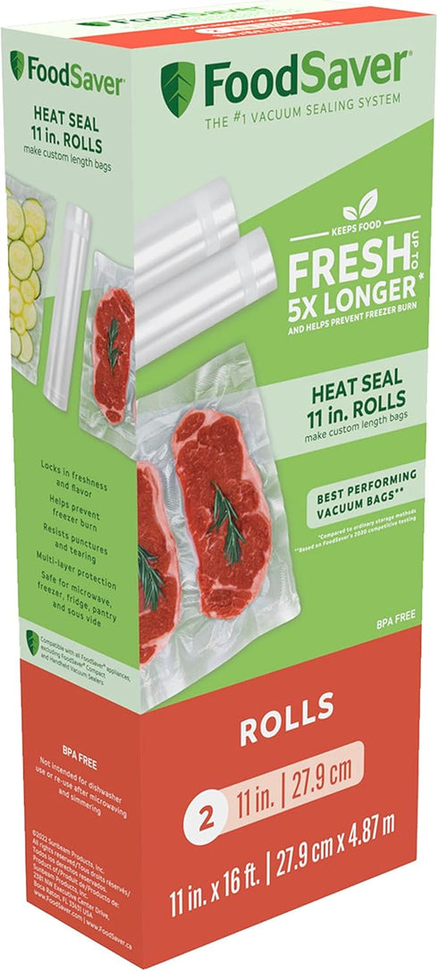 FoodSaver 11" x 16' Vacuum Seal Rolls with BPA-Free Multilayer Construction for Food Preservation, 2-Pack...