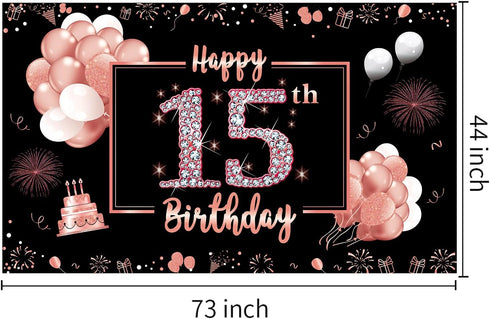 15th Birthday Decorations for Girls - Rose Gold Happy 15 Banner Backdrop, Sweet 15 Year Old Party Supplies, Poster Decor Background Sign...