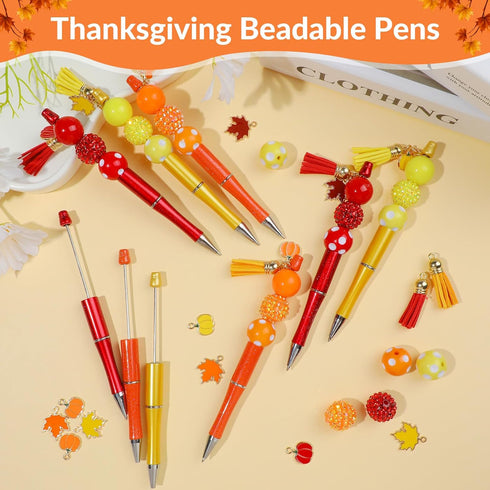 NEWEST 12 Pieces Fall Beadable Pens Bulk Thanksgiving Bead Pens with 36 Beads Fall DIY Pen Making Kit Black Ink Beaded Ballpoint Pens Kits for Tha...