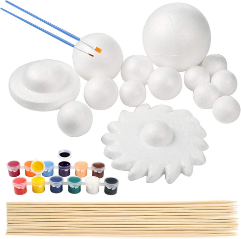 Pllieay Solar System Model Foam Ball Kit Includes 14PCS Mixed Sized Polystyrene Spheres Balls, 12PCS Bamboo Sticks, 12 Color Pigments, 2PCS Painti...