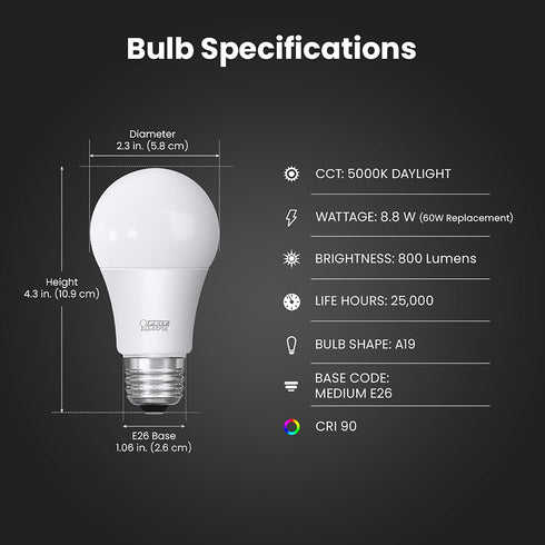 Feit Electric A19 LED Light Bulbs, 60W Equivalent, Dimmable, E26 Standard Base, 90 CRI, 800 Lumens, 5000K Daylight, 120V, 22 Years Lifetime, Damp ...