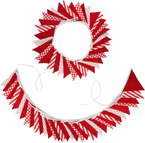 32Ft Red White Plaid Stripe Dot Fabric Bunting Banner Triangle Flags Cotton Garland Pennant for Birthday Wedding Engagement Carnival Party Classro...