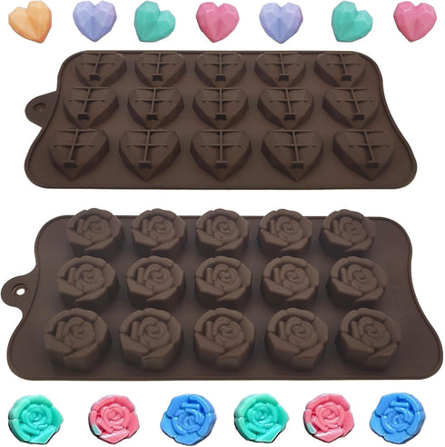 2 PACK Heart Rose Flower Ice Cube Silicone Mold,Diamond Heart Chocolate Candy Silicone Mold for Making Cookies Cakes Mousse Chocolate Ice Cream Je...