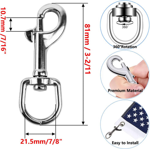 4PCS Flag Swivel Snap Clips Stainless Steel Flag Snaps Hooks Heavy Duty Metal Flagpole Accessories Eye Bolt Clips for Pet Leash, Key Chain, Leathe...