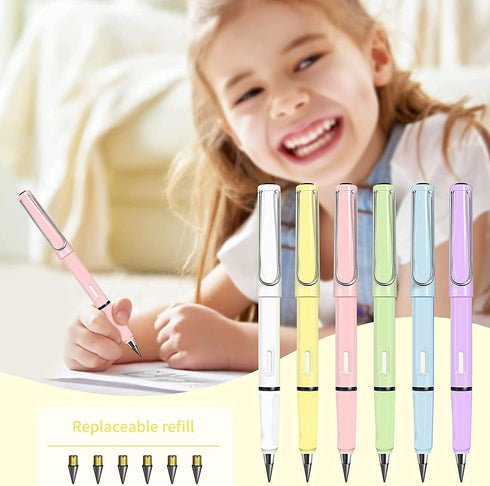 6Pcs Everlasting Pencil, Inkless Pencil Eternal with Replacement Nibs, Pen Unlimited Writing Reusable Erasable for Student Artist Drawing, Kids Gi...