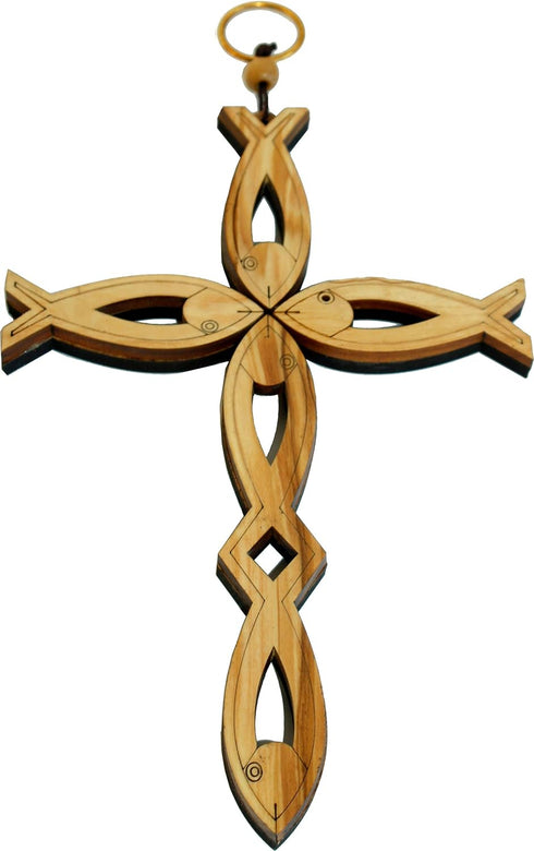 Holy Land Market Olive Wood Cross Made with Fish (First Christianity Symbol) Shapes Design - 20cm - 8 inches with Certificate and Lord's Prayer Ca...