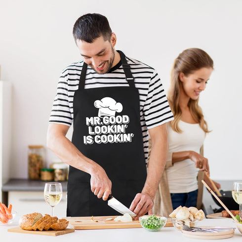 Funny Chef Aprons for Men - Mr.Good Lookin' is Cookin' - Men’s Funny Kitchen Cooking Grilling BBQ Aprons with 2 Pockets - Birthday Father’s Day Ch...