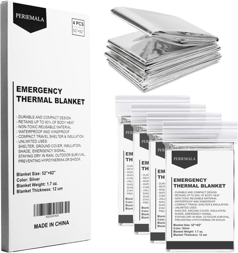 Emergency Blankets for Survival Gear (Pack of 4), Camping Blanket, Emergency Blanket, Thermal Blanket, Mylar Space Blanket, Survival Blanket, Firs...