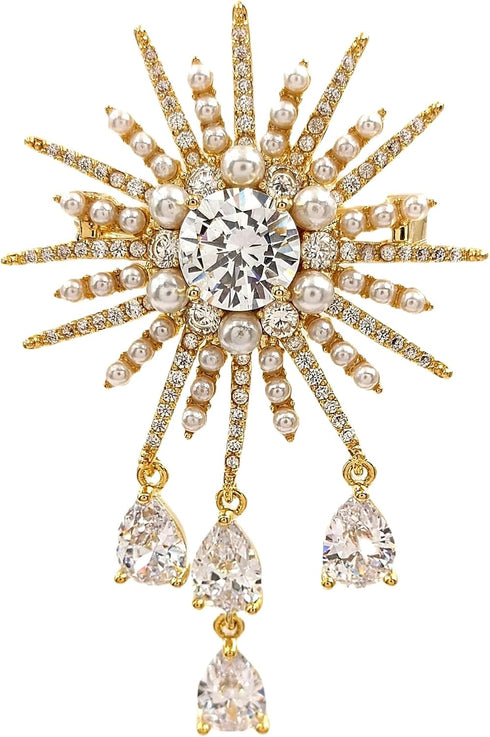 Fantastic Gold Tone Atomic CZ and Pearl Beads Starburst Brooch with Trio Drop...