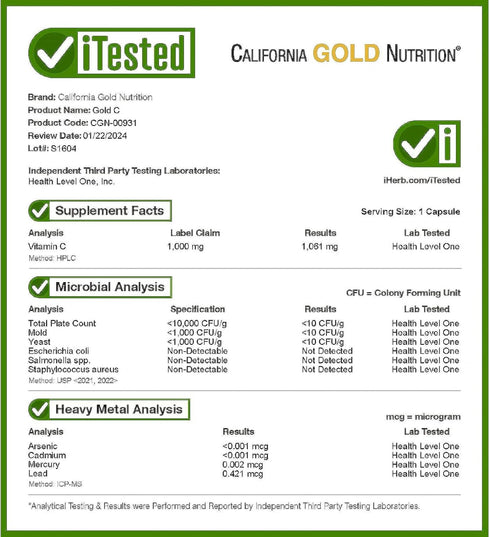 California Gold Nutrition Gold C, USP Grade Vitamin C, 1,000 mg, 60 Veggie Capsules...
