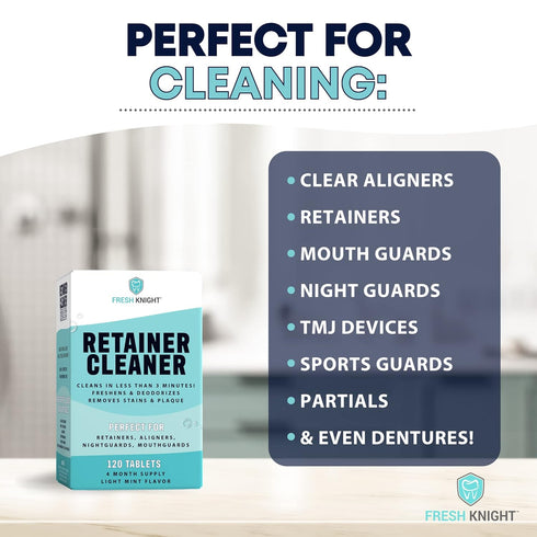Retainer Cleaner, Denture Cleaner (120 Tablets) Removes Cloudiness, Brightens and Freshens Clear Aligners, Retainers, Night Guards, Mouth Guards, ...