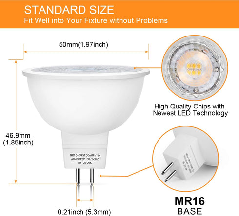 Mlambert 12 Pack MR16 LED Bulbs 50W Halogen Equivalent,2700K Warm White,5W GU5.3 MR16 12V Spotlight Bulb,Non-Dimmable,45° Beam Angle for Landscape...