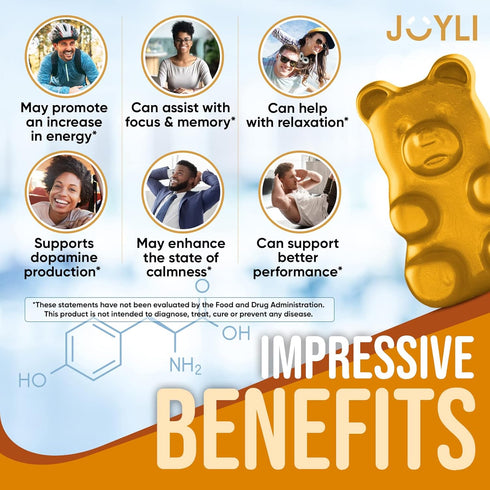 Joyli L Tyrosine Gummies 1000MG - L-Tyrosine Supplement for Kids & Adults - Calm & Focus Gummies for Brain, Memory, Mood, and Energy - 500mg L- Ty...