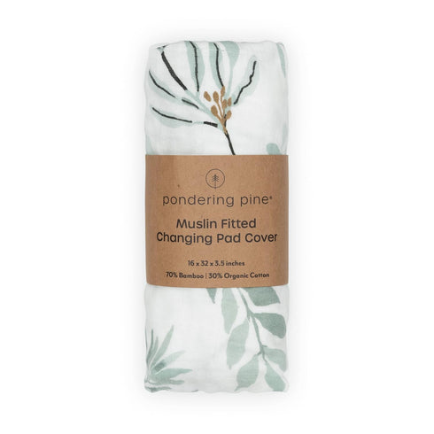 Organic Muslin Changing Pad Cover - Fitted Baby Changing Mat, Soft and Breathable, Eucalyptus Leaves, 16”x32”...