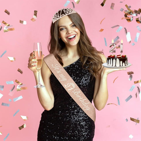21st Birthday Decorations for Her, Including 21st Birthday Sash and Tiara, Cake Topper, Candles, 21 Year Old Gifts for Her...