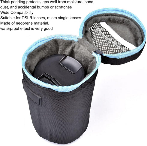 4Pcs Camera Lens Pouch, DSLR Camera Lens Pouch Neoprene Waterproof Lens Bag Zipper Bag with Metal Hook for Camera Lens...