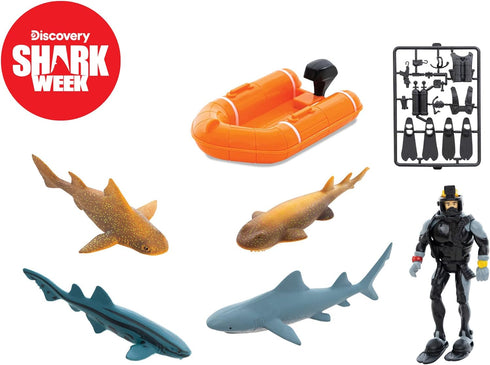 Shark Week Discovery Ocean Breeze Playset, Rescue Boat, Action Figure Diver, Realistic Shark Toy Set, Birthday Party Favors for Kids...