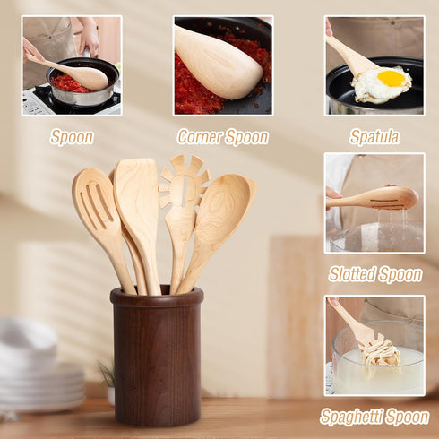 Wooden Cooking Spoons Set, 14 Inch Maple Wood Mixing Spoon, Mixing Salad, Sauce Soup Stirring Ladle, Nonstick Spoon Kitchen Serving Utensil with L...