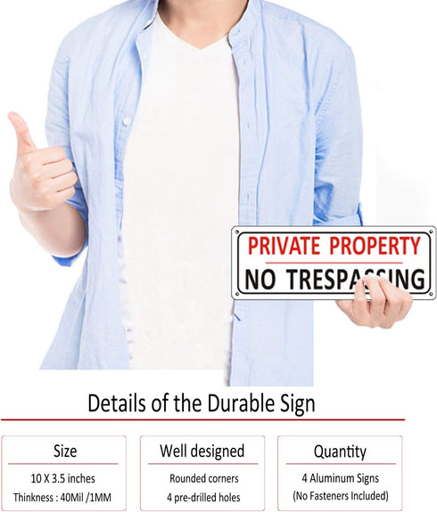(4 Pack) No Trespassing Signs Private Property, Aluminum Warning Sign for Fence Yard Outdoor, 10 x 3.5 inches Metal Reflective Security Signs for ...