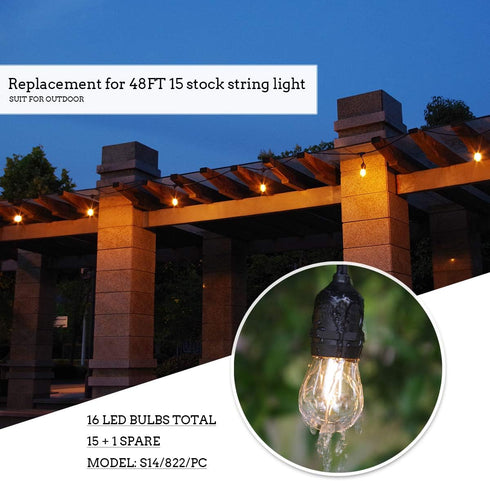 Jslinter S14 1W Outdoor String Lights Bulbs LED, Shatterproof & Waterproof, 2200K Warm White, 11W Equivalent, E26 Base, Edison Vintage Style Repla...