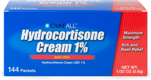 CareAll Hydrocortisone Cream 1% (144 Pack), 0.9gr Foil Packet. Maximum Strength Formulation, Anti-Itch Rash Skin Cream Relieves Itching, Eczema, I...