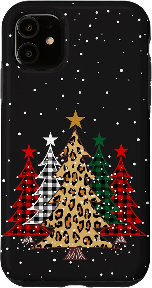 iPhone 11 Merry Christmas Trees with Buffalo Plaid & Leopard Design Case...