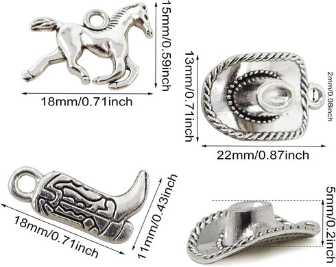Honbay 60PCS Antique Silver Alloy Western Cowboy Charms Pendants Cowboy Boot Horse Hat Charms for Earrings Bracelet Necklace Jewelry Making (3 Sty...