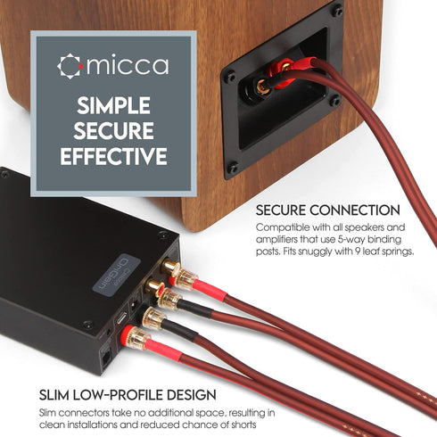 Micca 14 Gauge Pure Copper Speaker Wire, 6 Feet 2 Pack, Gold Plated Banana Plugs, Soldered Construction, Slim Design, 245 Strands, for Stereo or H...