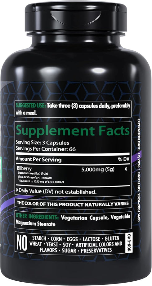 Bilberry Extract Capsules 5000mg | 200 Count | Supports Eye Health | Ultra Strength Supplement | Gluten-Free & Non-GMO...