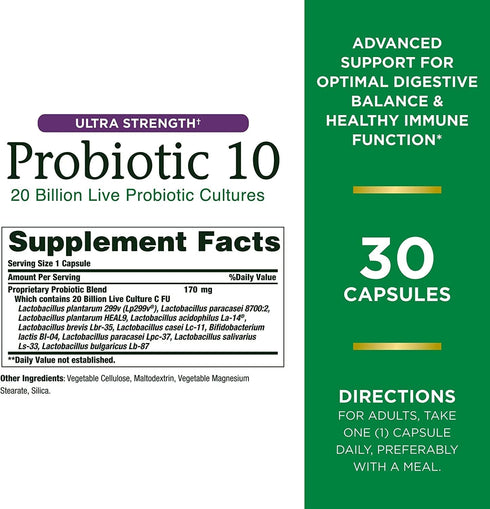 Nature's Bounty Probiotic 10, Ultra Strength Daily Probiotic Supplement, Support for Digestive, Immune and Upper Respiratory Health, 2 Pack, 30 Ca...