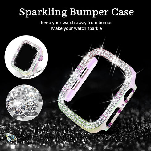 Magnetic Band with Bling Case Women Compatible with Apple Watch 45mm Crown Stainless Steel Strap Dressy Milanese Loop Protective Cover for iWatch ...