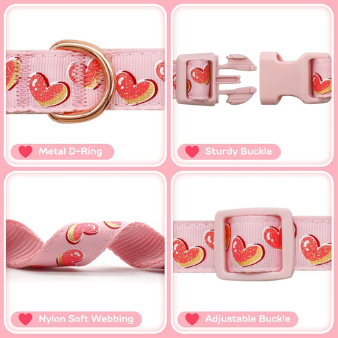 azuza Valentine's Day Dog Collar Removable Valentine Bowtie Dog Collar with Romantic Pink Sparkly Hearts Pattern Adjustable Spring Dog Collar Vale...