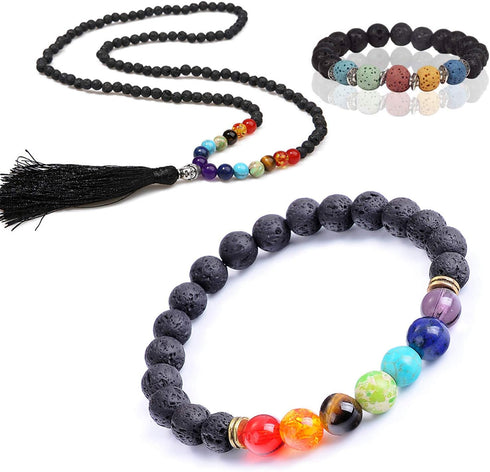 EuTengHao 602Pcs Lava Beads Stone Kits with 8mm Chakra Beads and Spacers Beads Bracelet Elastic String for Diffuse Essential Oils Adult DIY Jewelr...