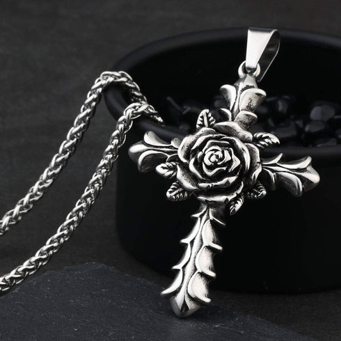 Rose Cross Pendant Necklace for Women Stainless Steel Link Chain Jewelry 21.65"...