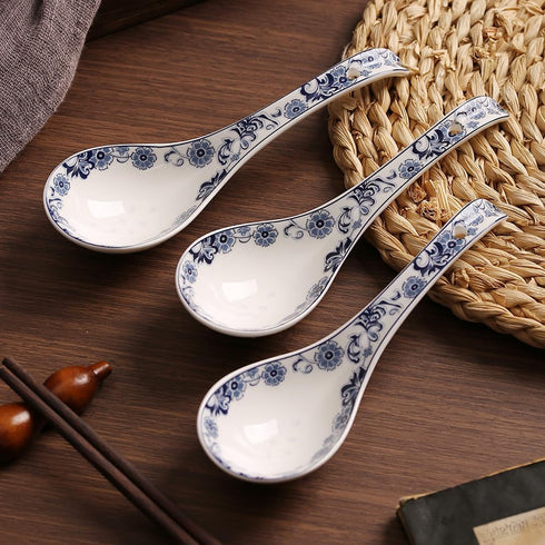 6.75-inch Navy Blue Floral Soup Spoon Set of 4, Porcelain...