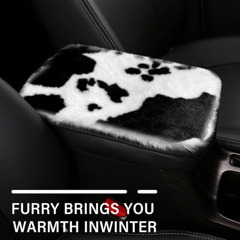 JINGSEN11 Pieces Fluffy Car Accessories Set,Fluffy Cow Print Plush Steering Wheel Covers for Women Soft Fleece Handbrake Cover Shift Cover Car Tri...