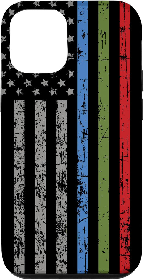 iPhone 12/12 Pro Police Military and Fire Thin Blue Green Red Line Flag Case...