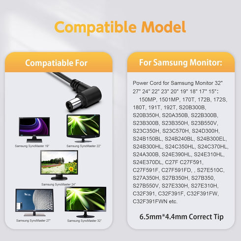 14V 4A Power Cord Compatible with Samsung Monitor S22C300H S23C350H S22C300H S24D590PL S24D390HL S27D590P S27D360H S27D390H CF591, 32" 27" 24" 22"...