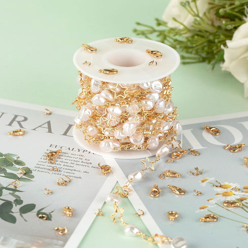 KYUNHOO 13ft Premium Copper Chain for Jewelry Making Gold Plated Brass Chain Roll with Irregular Pearls and Hollow Stars Chain for Women Necklace ...