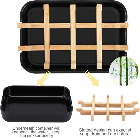 Bamboo Wooden Soap Dishes for Bathroom Bar Soap Holder Shower Soap Holder Sink Deck Bathtub Shower Tray (Two Pieces Black)...
