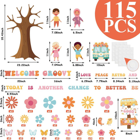 115Pcs Groovy Classroom Tree Bulletin Board Decorations Set Motivational Welcome Accents Tree Wall Bulletin Decor Boho Daisy Owls Cut-Outs for Bac...