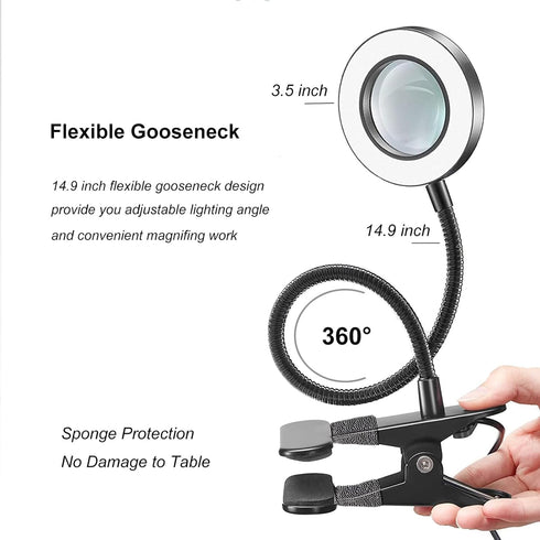 Desk Magnifying Glass with Light 5X, Clip on Desk Light with 3 Light Color, 5w LED Desk Lamp with Clamp 10 Adjustable Brightness, Flexible Goosene...