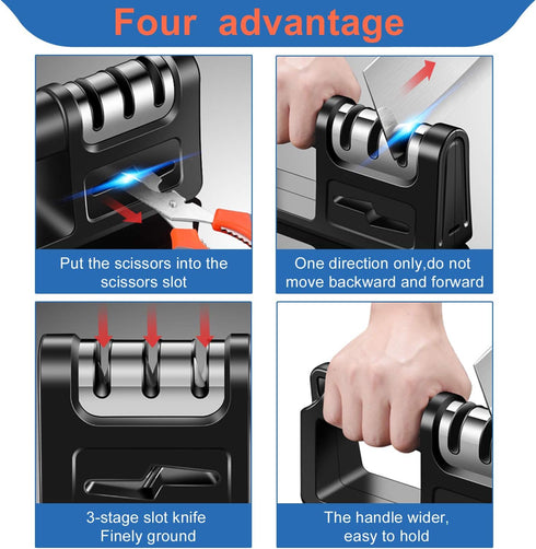 Kitchen Knife Sharpener and Scissor Sharpeners, 4-in-1 Hunting Outdoor Knife Sharpener, Safely Sharpen Knives with Diamond, Ceramic,Tungsten for K...