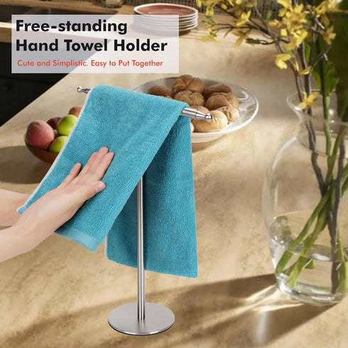 Hand Towel Holder Stand for Bathroom Vanity Countertop Stainless Steel T-Shape Free Standing Towel Rack Stand Towel Bar for Bathroom Kitchen (Brus...