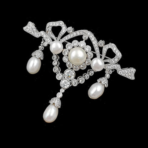 Magnificent Vintage Clear White Ribbon Trio Pearl Drop Brooch Pin Edwardian Jewelry...