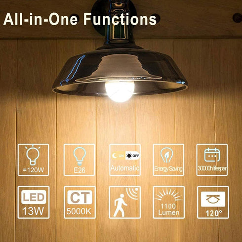 MikeWin Motion Sensor Light Bulbs Outdoor 4 Packs 13W(100W Equivalent) Security LED Bulb, Indoor E26, A19, 5000K Daylight Dusk to Dawn Bulb for Ga...