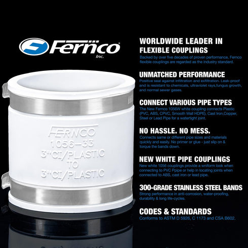 Fernco 1056-22 2-in. Flexible PVC Pipe Coupling for Cast Iron and Plastic Plumbing Connections in White...