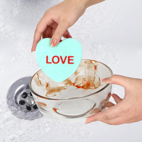 Domensi 8pcs Valentine's Day Candy Heart Shaped Kitchen Sponges Dual Sided Scrub Dish Sponges Reusable with Love You Kiss Me Non Scratch Sponge fo...