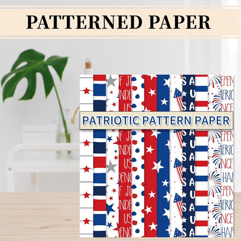 Whaline 60 Sheets Patriotic Pattern Paper Star Stripe Fireworks Scrapbook Specialty Paper 4th of July Double Sided Craft Paper For Independence Da...