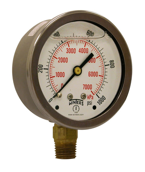 Winters 2-1/2" Dial Size, Liquid Filled Industrial Pressure Gauge, Brass Internals, 304 Stainless Steel Case, Single Scale 0-1,000 psi, 1.5% Acc, ...